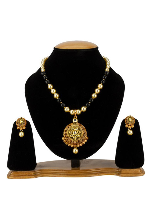 Jewels Galaxy Black GP Kundan studded Pearl Necklace Set 44024