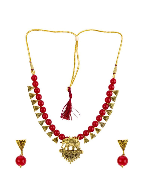 Jewels Galaxy Gold-Toned GP Red Pearl Necklace Set...