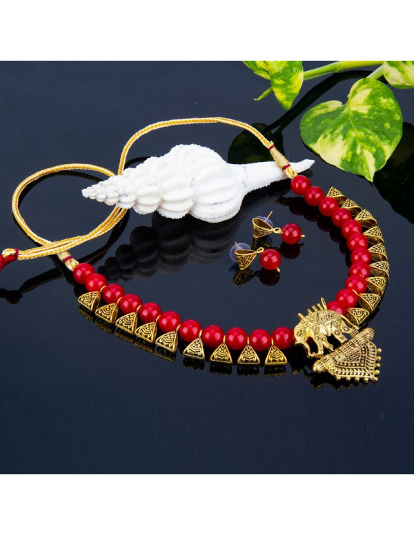 Jewels Galaxy Gold-Toned GP Red Pearl Necklace Set...