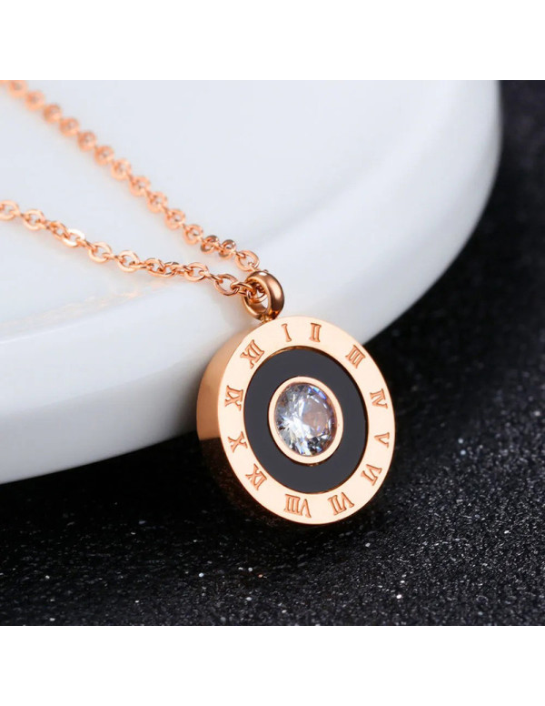 Jewels Galaxy Rose Gold Plated Stainless Steel Roman Numerals Black Circular Pendant with Cubic Zirconia