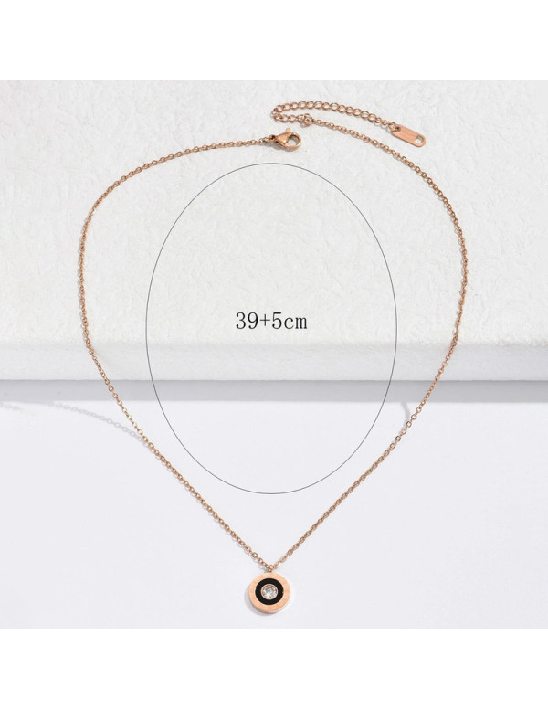 Jewels Galaxy Rose Gold Plated Stainless Steel Roman Numerals Black Circular Pendant with Cubic Zirconia