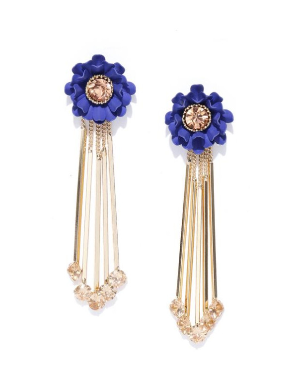 Navy Blue Gold-Plated Handcrafted Floral Drop Earr...