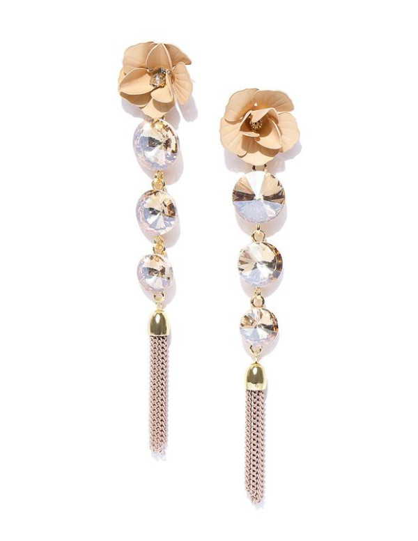 Beige Gold-Plated Handcrafted Floral Drop Earrings...