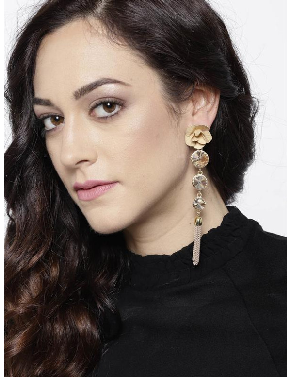 Beige Gold-Plated Handcrafted Floral Drop Earrings...