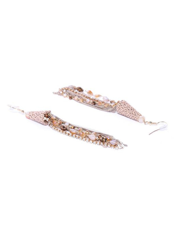 Beige Gold-Plated Beaded Tasseled Handcrafted Drop Earrings
 35344