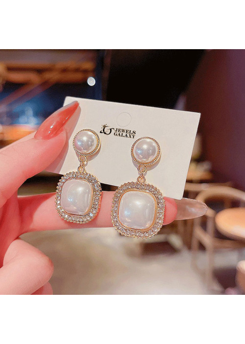 Jewels Galaxy Gold Plated Amazing Korean Square AD-Pearl Drop Earrings