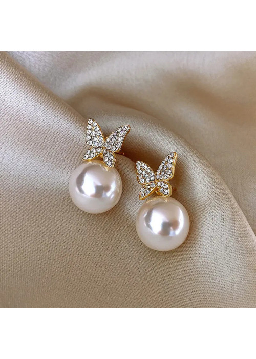 Jewels Galaxy Gold Plated AD and Pearl Butterfly Korean Drop Earrings