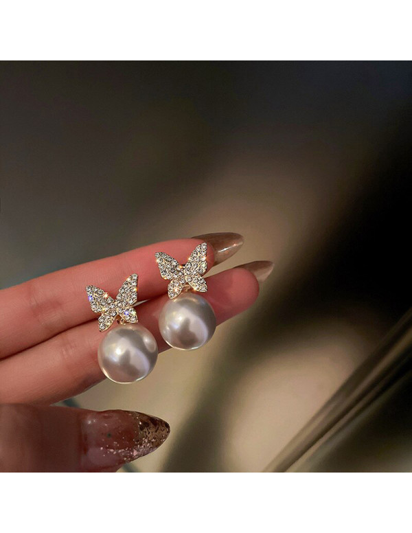 Jewels Galaxy Gold Plated AD and Pearl Butterfly Korean Drop Earrings