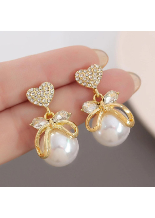 Jewels Galaxy Gold Plated Korean AD Heart themed Pearl Drop Earrings