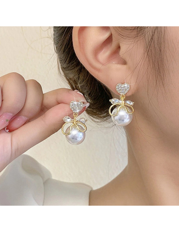 Jewels Galaxy Gold Plated Korean AD Heart themed Pearl Drop Earrings