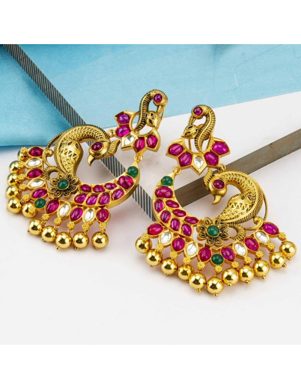 Gold Toned - Ruby Studded Premium Designer Drop Ea...