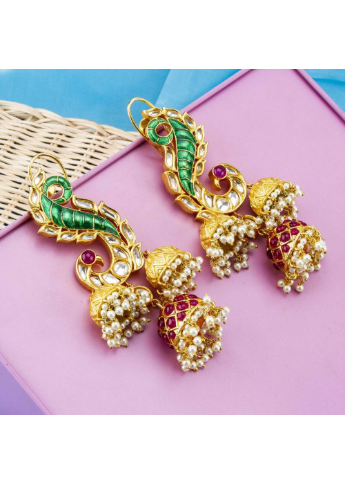 Gold Toned - Ruby Studded Premium Designer Drop Earrings 64031