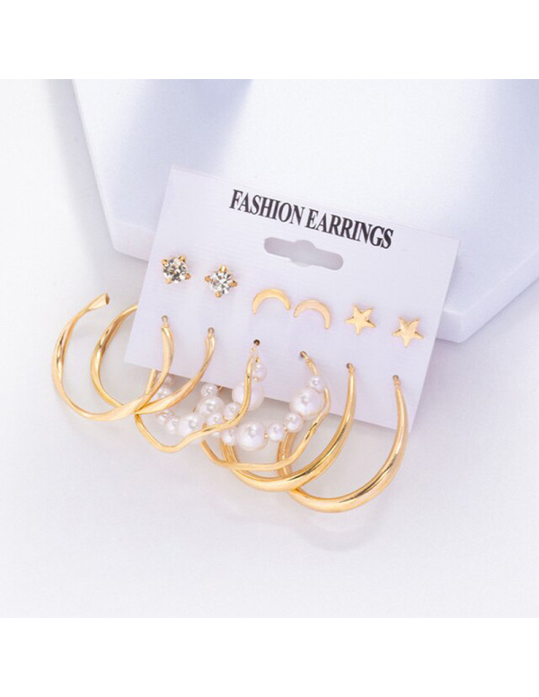 Jewels Galaxy Gold Plated Contemporary Stars and Moon Studs and Hoop Earrings Set of 6