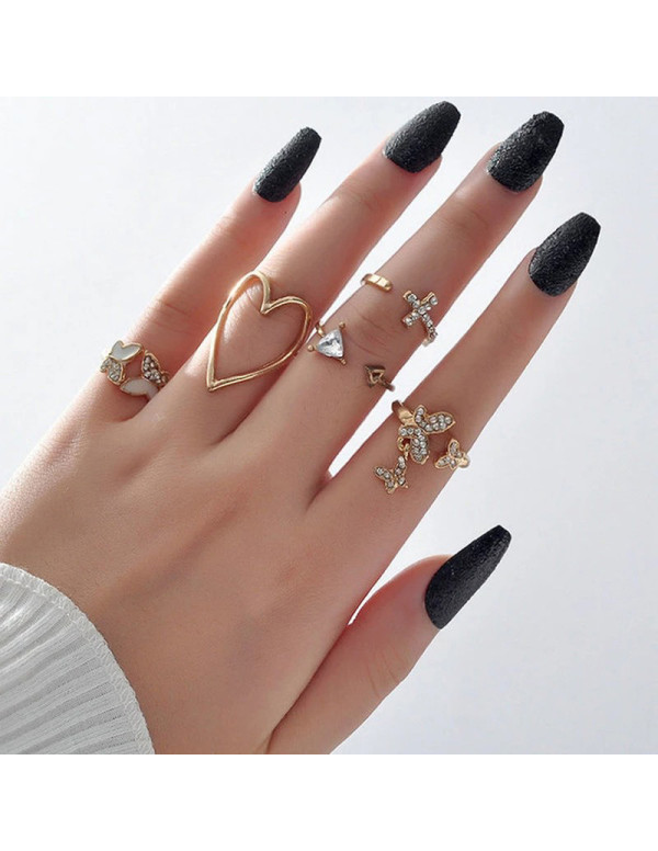 Jewels Galaxy Gold Plated Contemporary Butterfly-Heart Stackable Rings Set of 5