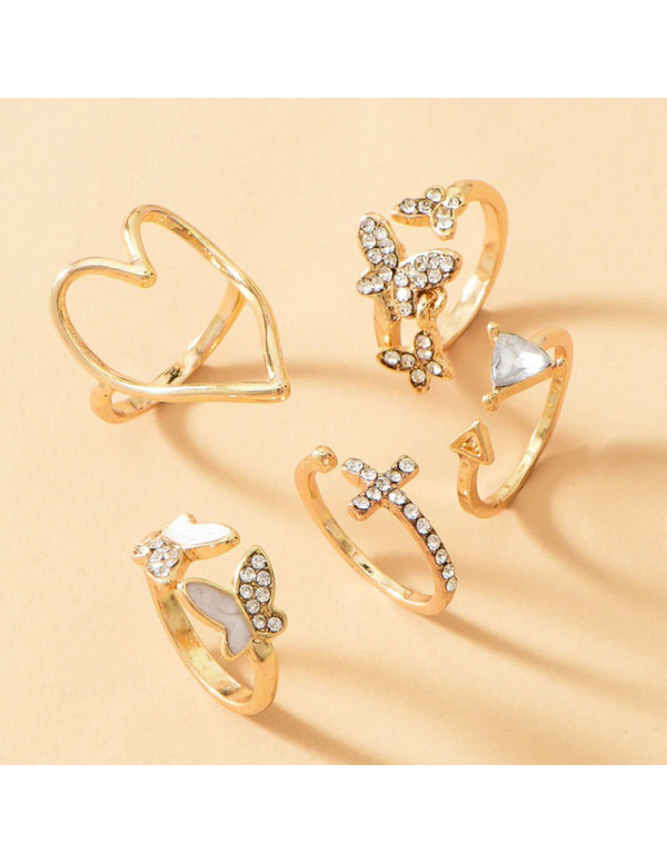 Jewels Galaxy Gold Plated Contemporary Butterfly-Heart Stackable Rings Set of 5