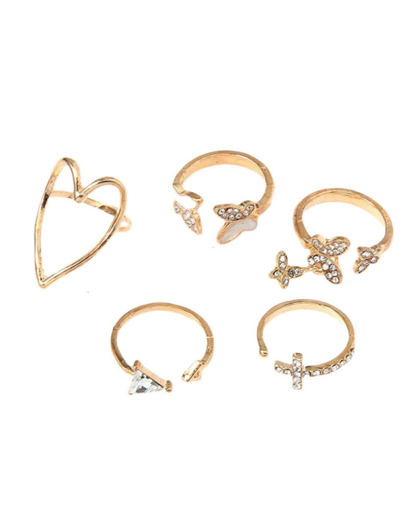 Jewels Galaxy Gold Plated Contemporary Butterfly-Heart Stackable Rings Set of 5