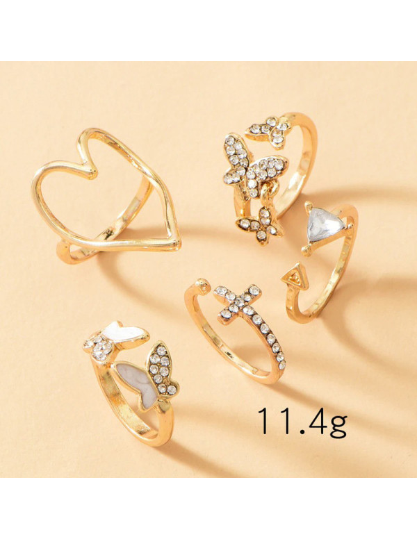 Jewels Galaxy Gold Plated Contemporary Butterfly-Heart Stackable Rings Set of 5