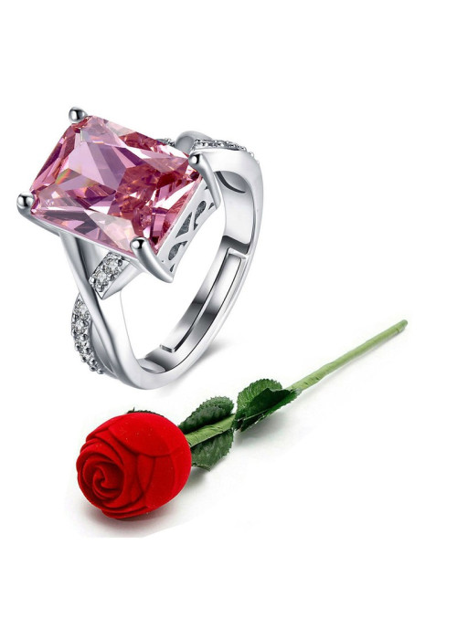 Jewels Galaxy Pink Silver-Plated Stone Studded Handcrafted Adjustable Finger Ring with Rose Box 9939