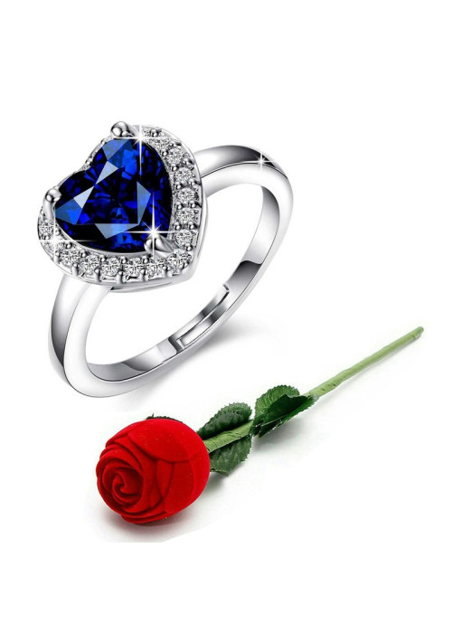 Jewels Galaxy Navy Blue Silver-Plated Stone-Studded Handcrafted Adjustable Finger Ring with Rose Box 9941