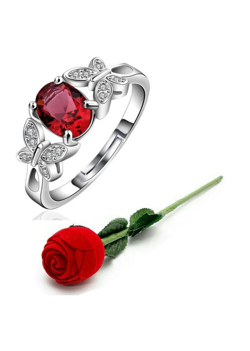 Jewels Galaxy Maroon Silver-Plated Stone Studded Handcrafted Adjustable Finger Ring with Rose Box 9945