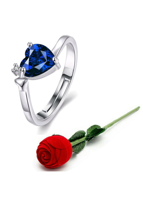 Jewels Galaxy Navy Blue Silver-Plated Stone-Studded Handcrafted Adjustable Finger Ring with Rose Box 9948