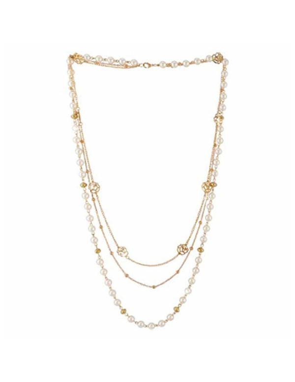 Jewels Galaxy Gold Plated Pearl Studded Long Floral Layered Necklace