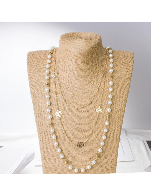 Jewels Galaxy Gold Plated Pearl Studded Long Floral Layered Necklace