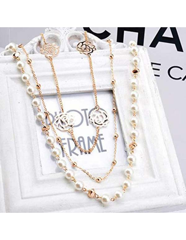 Jewels Galaxy Gold Plated Pearl Studded Long Floral Layered Necklace