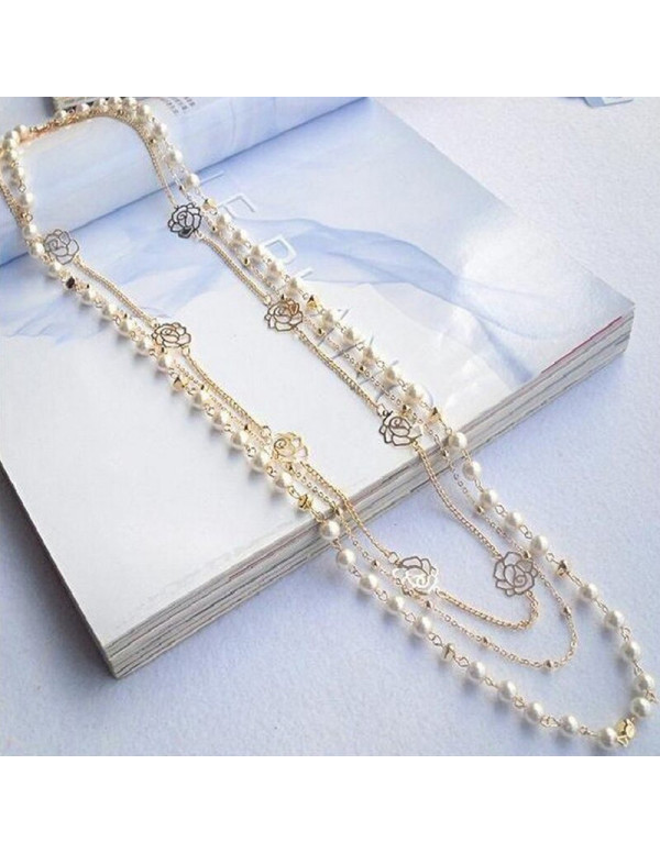 Jewels Galaxy Gold Plated Pearl Studded Long Floral Layered Necklace